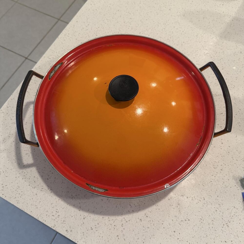Vintage Le Creuset Cast Iron Wok Orange Enamel Round Pan With Lid France Cooking